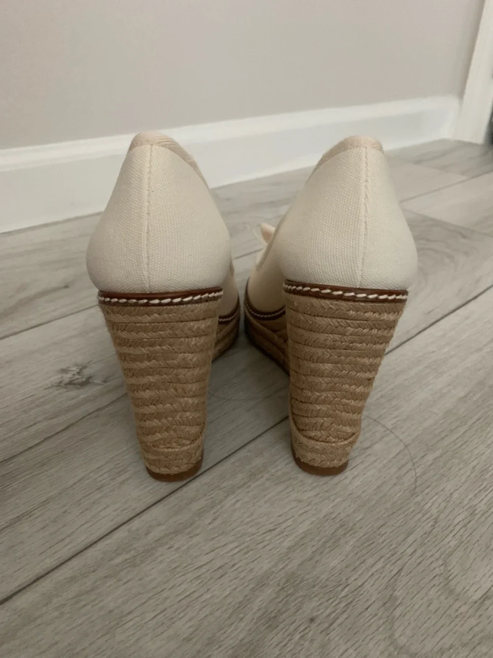 Tory Burch Ivory Canvas Peep-Toe Wedge Espadrilles